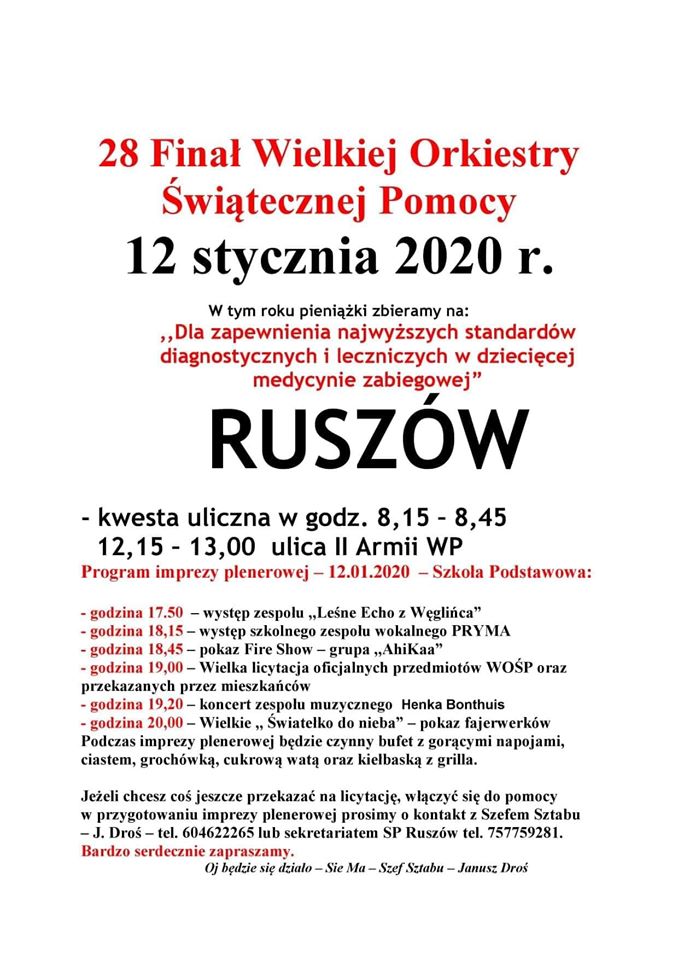 WOŚP 2020 Ruszów: program